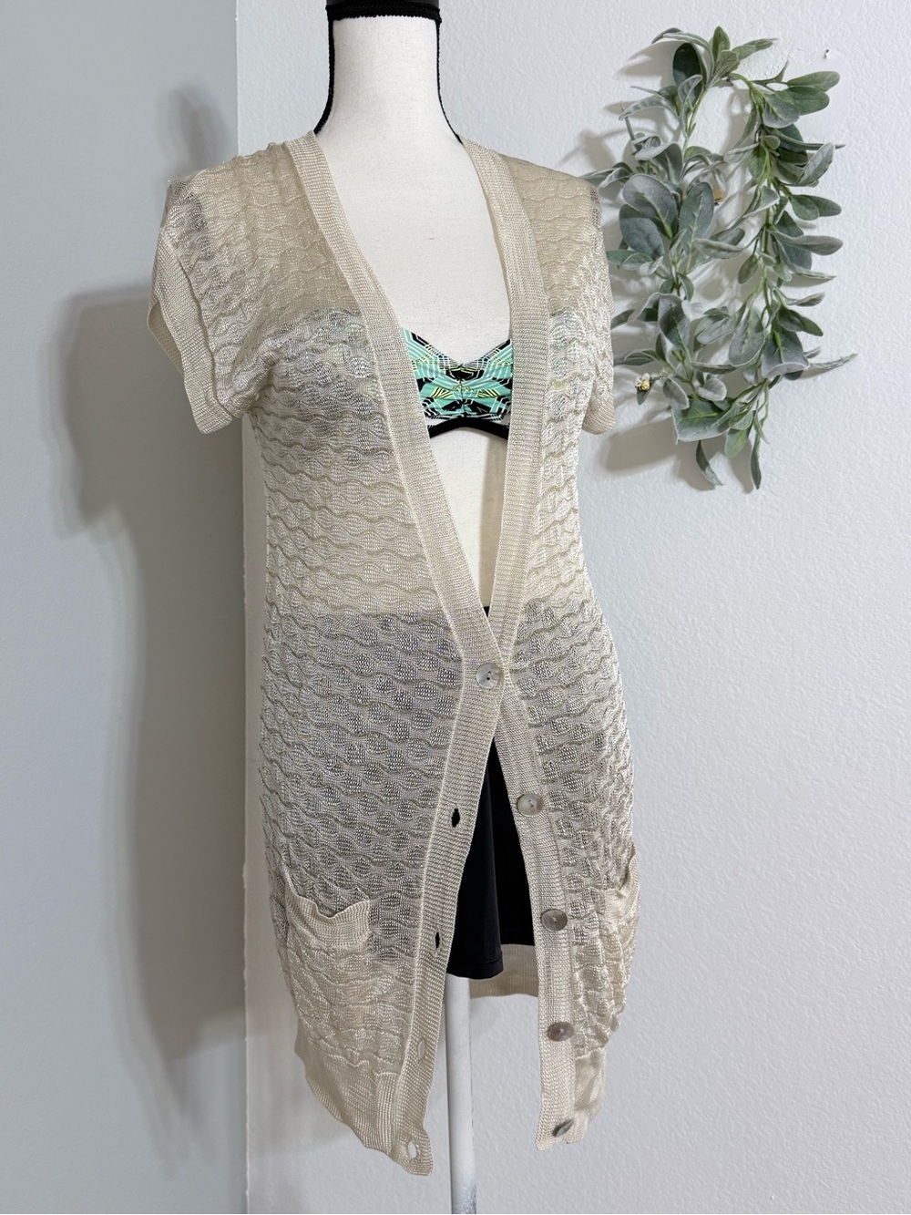MNG Lurex Cardigan Beige Metallic Mango Suit Crochet Lace Sweater